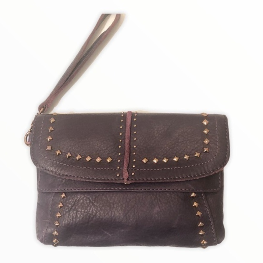 B. Makowsky purple studded leather wristlet bag